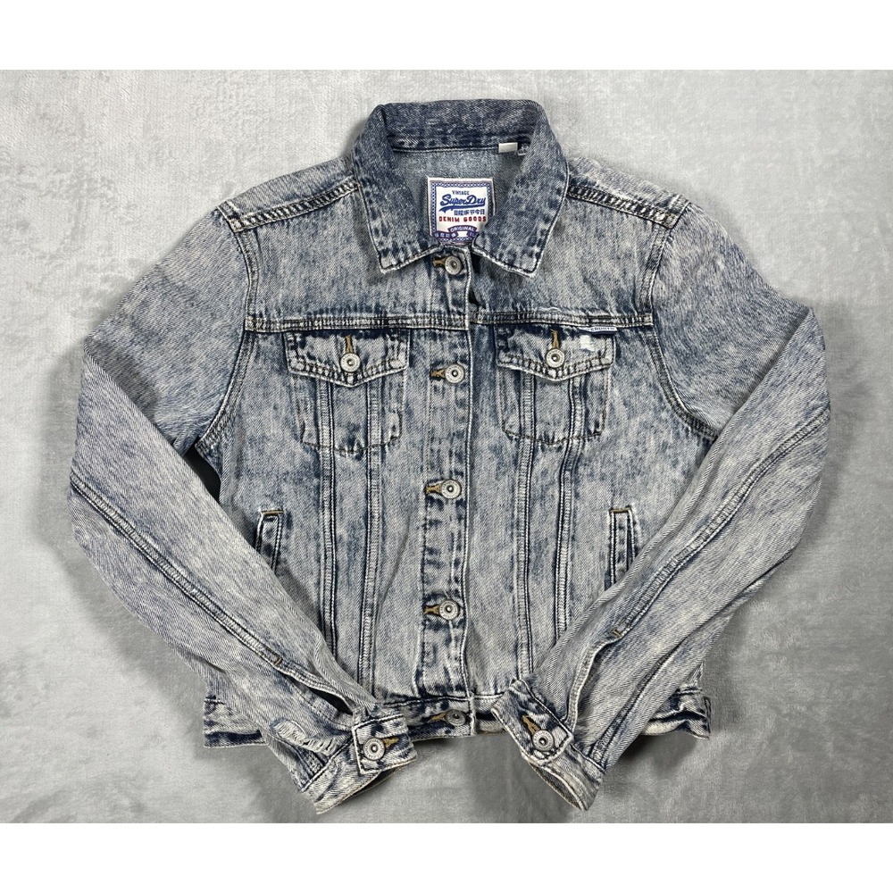 Superdry Denim Jacket Womens 6 Acid Wash Trucker Distressed Blue Vintage Style
